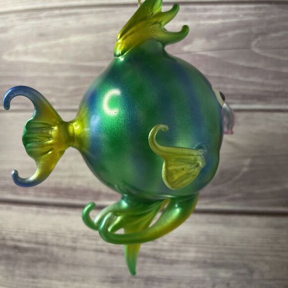 Vintage Alessandra Puffer Kissing Fish Ornament Blue Green Blown Glass 3" X 5" - Picture 6 of 8